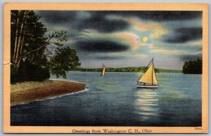 Washington Court House Ohio 1940s Greetings Postcard Sailboats At Night Moon