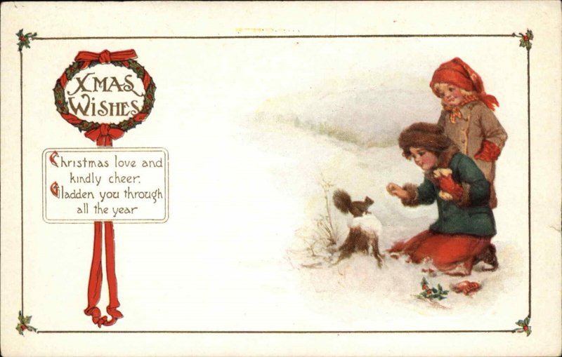 Christmas Wishes Children Little Girls Feeding Squirrel c1910 Postcard