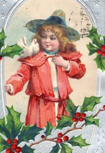 C. 1910 Adorable Girl Dove Holly Berries Dresden Greetings Vintage Postcard P219