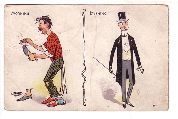 Vintage Cartoon Gentleman 'Morning' in Poor Clothing 'Evening' with Top Hat, ...