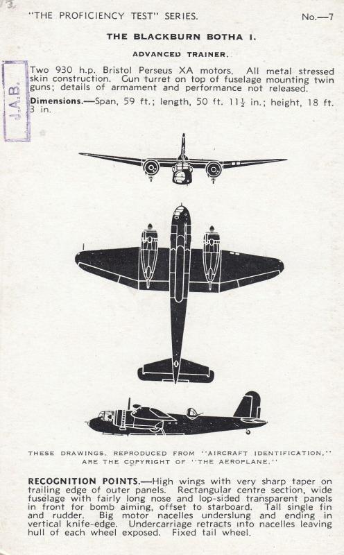 Blackburn Botha 1 I WW2 Plane Aircraft Recognition Postcard