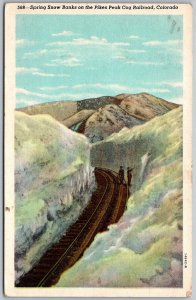 Pikes Peak Cog Railroad Colorado 1948 Postcard Spring Snow Banks