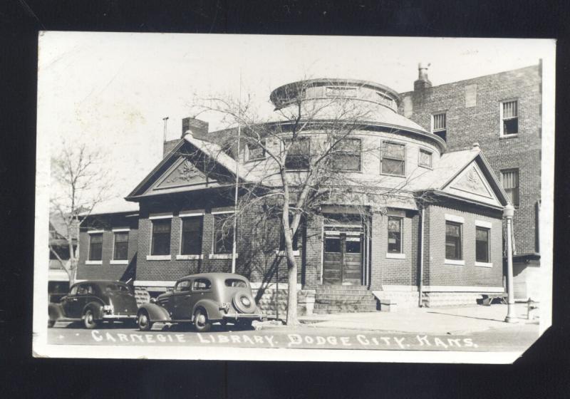 RPPC DODGE CITY KANSAS CARNEGIE LIBRARY 1930's CARS VITNAGE REAL PHOTO POSTCARD