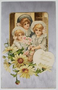 Valentine Greeting Beautiful Victorian Children with Flowers Postcard C29