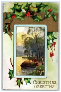 1915 Christmas Greeting Man Boat Holly Berries Wild Rice ND DPO Antique Postcard