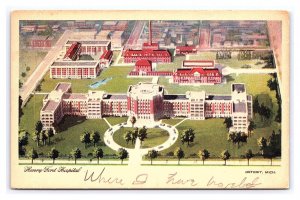 Postcard Henry Ford Hospital Detroit Mich. Michigan Aerial View c1925