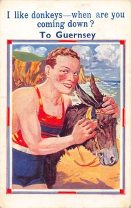 Guernsey Man in Swimming Suit Beach I like Donkeys When are you coming postcard