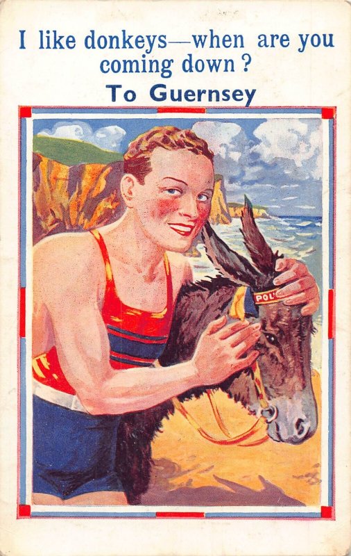 Guernsey Man in Swimming Suit Beach I like Donkeys When are you coming postcard