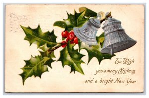 Silver Bells Holly Merry Christmas Bright New Year Embossed DB Postcard O18