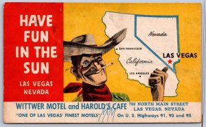 K44/ Las Vegas Nevada Postcard c1950s Wittwer Motel Cowboy Map Cafe  483