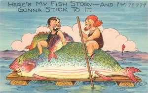 1940s Here's my fish story man woman exaggeration #78779 Postcard 22-10225