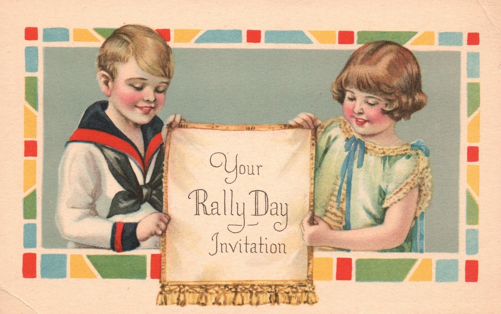 Vintage Postcard Your Rally Day Invitation Pupils Holding Poster ...