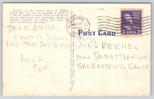 Linen~Corpus Christi Texas~Aerial Bay Front~Breakwaters~PM 1953 Postcard