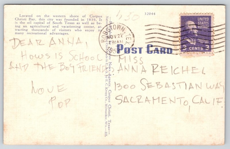 Linen~Corpus Christi Texas~Aerial Bay Front~Breakwaters~PM 1953 Postcard