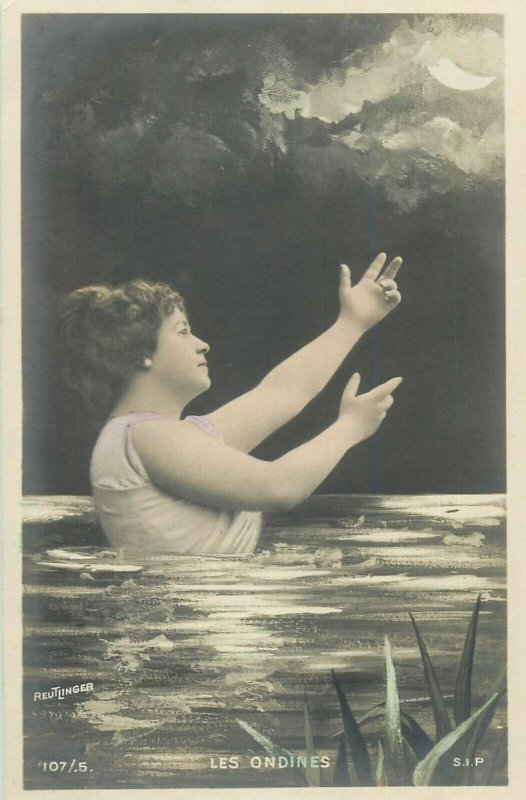 Mermaid Hand-Tinted Real Photo French fantasy surrealism lady moon Les ondines