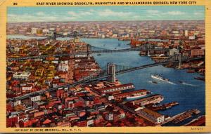 New York City East River Showing Brooklyn Manhattan and Williamsburg Bridges ...