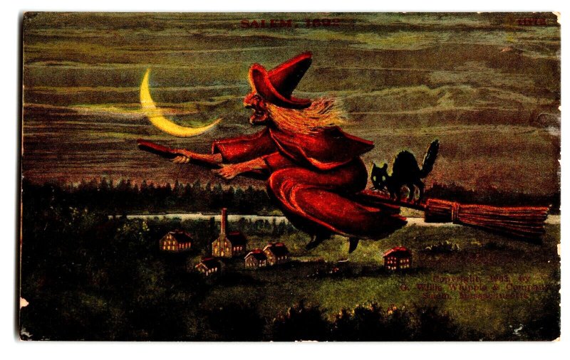 Salem Witch Flying Left Postcard Bat Black Cat Crescent Moon Willis Wipple 1908 
