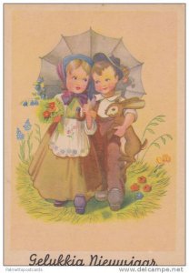 Boy in Overalls Carrying Rabbit Sharing Umbrella w/ Girl in White Apron Carry...