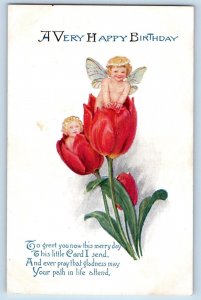 Birthday Postcard Little Ferry In Tulips Flowers c1910's Unposted Antique