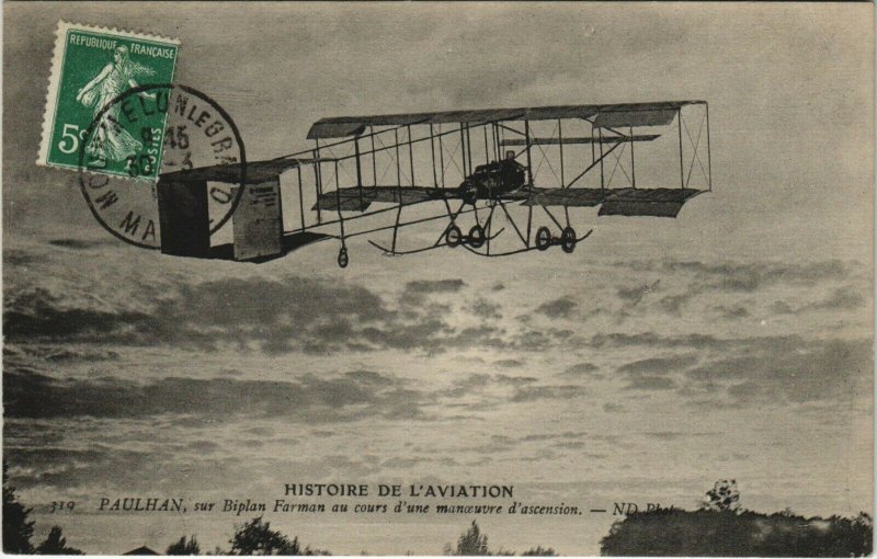 PC CPA AVIATION, PAULHAN SUR BIPLAN FARMAN, Vintage Postcard (b24406)