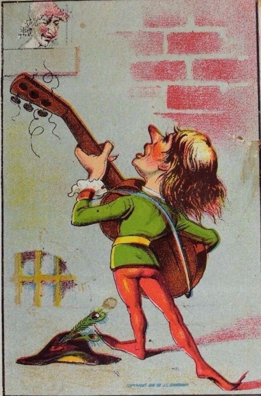 1880's Victorian Trade Card Renaissance-Man Serenading Lady Red Stockings P46