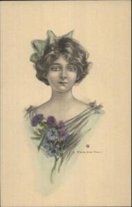 Beautiful Woman w/ Flower - Ribbon in Hair TONIOLO  c1910 Postcard #3 rpx