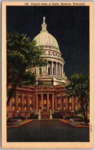 Madison Wisconsin, Capitol Dome Building at Night, Entrance, Vintage Postcard