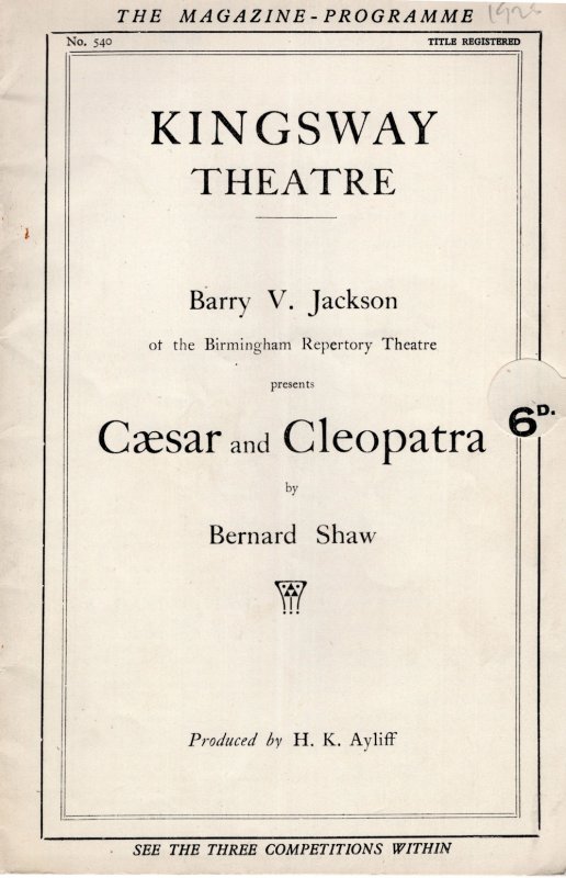 Ceasar & Cleopatra Bernard Shaw Kingsway Vintage Theatre Programme