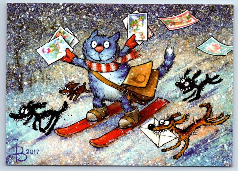 CAT on ski Postman Letter New Year FUNNY by Zeniuk New Unposted Postcard