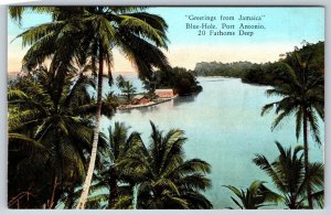 GREETINGS FROM JAMAICA~BLUE HOLE-PORT ANTONIO-20 FATHOMS DEEP~ANTIQUE POSTCARD