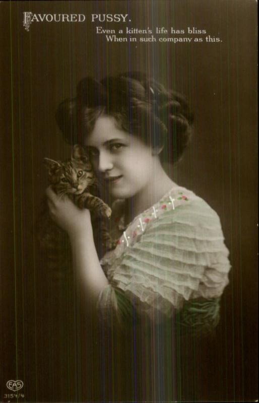 Beautiful Woman & Her Kitty Cat FAVOURED PUSSY 3154/4 Tinted RPPC c1910