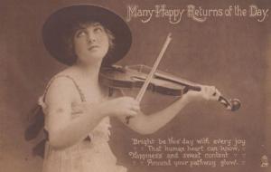 Child Playing Antique Violin Musical Instrument Happy Birthday WW1 War Postcard