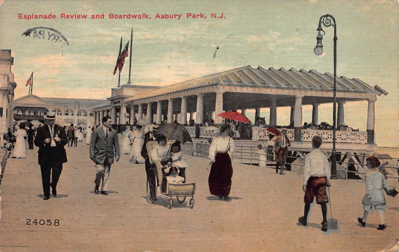 Esplanade & Boardwalk, Asbury Park, New Jersey,  Early Postcard, Used in 1917