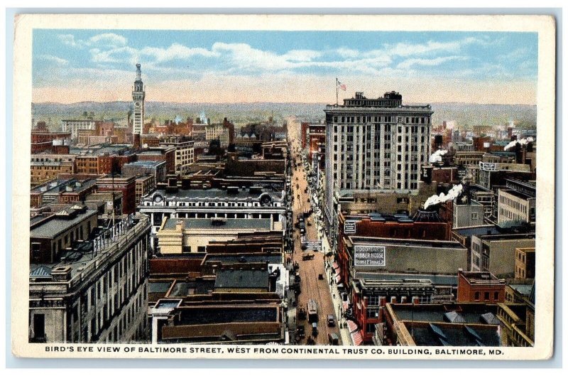 c1920's Bird's Eye View Of Baltimore Street Baltimore Maryland MD Cars Postcard