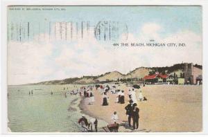 Beach Scene Michigan City Indiana 1909 advertising postcard