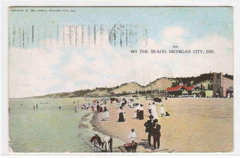 Beach Scene Michigan City Indiana 1909 advertising postcard