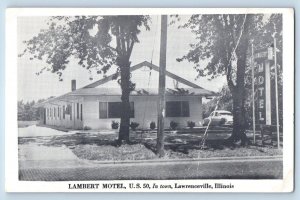 Lawrenceville Illinois Postcard Lambert Motel Exterior View Building Trees 1953