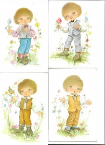 Little boy with flowers, birds, by Nuco Lot of 4 Modern Spanish artist drawn