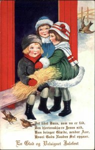 Whitney German Christmas Children Gather Hay from Barn Vintage Postcard