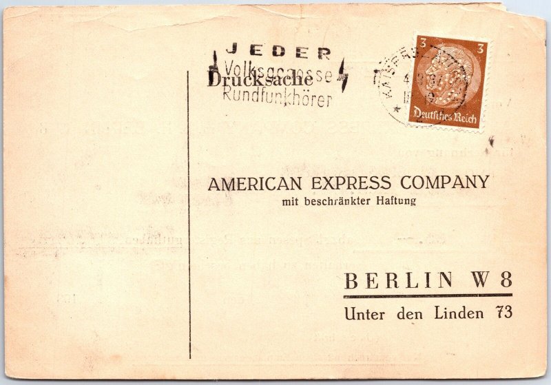 VINTAGE CONTINENTAL SIZE POSTCARD 85 REICHMARKS TO AMERICAN EXPRESS GERMANY 1937