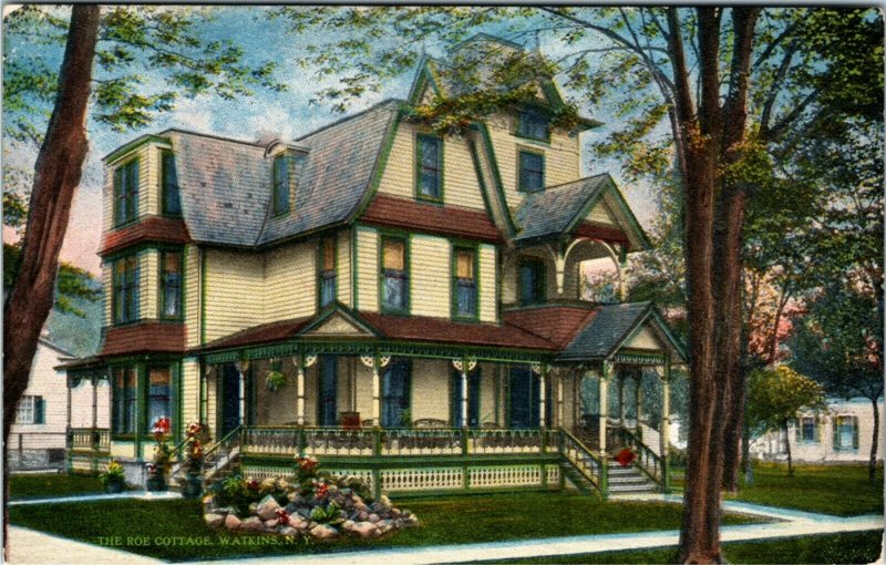 Postcard NY Watkins Roe Cottage Corner of Ninth & Decatur Streets ~1910 S44