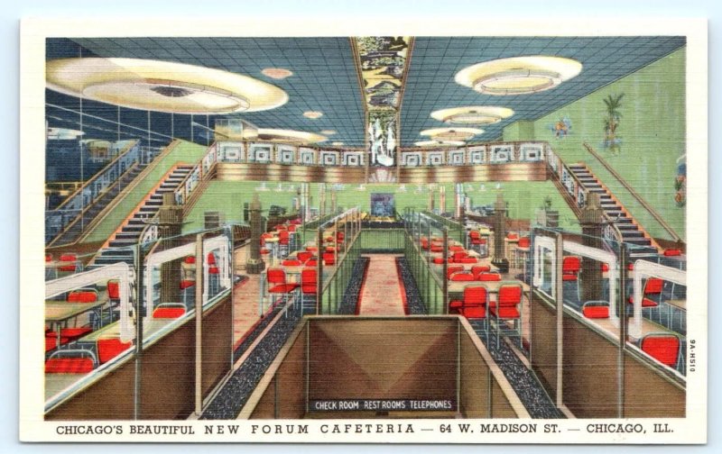 CHICAGO, IL Illinois ~ New FORUM CAFETERIA  c1930s  Art Deco Linen Postcard