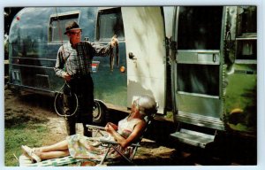 VINTAGE AIRSTREAM TRAILER ~ Fishing Scene ca 1960s Camping Postcard