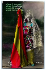 Spain RPPC Photo Postcard Africa Spanish Soldier Patriotic Flag Women c1910