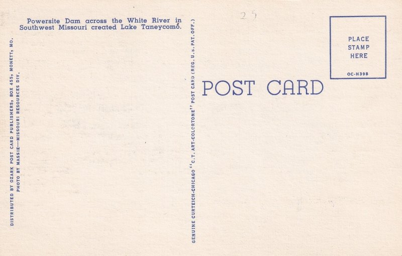 Powersite Dam Lake Taneycomo Missouri MO Ozarks Postcard A07