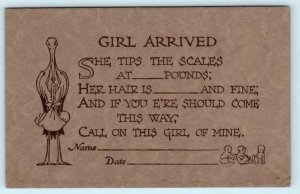 Arts & Crafts STORK BIRTH ANNOUNCEMENT GIRL ~ J. Raymond Howe c1910s Postcard