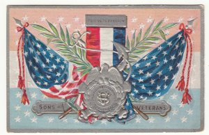 P3279 old postcard patriotic usa fkags etc sons of veterans embossed,