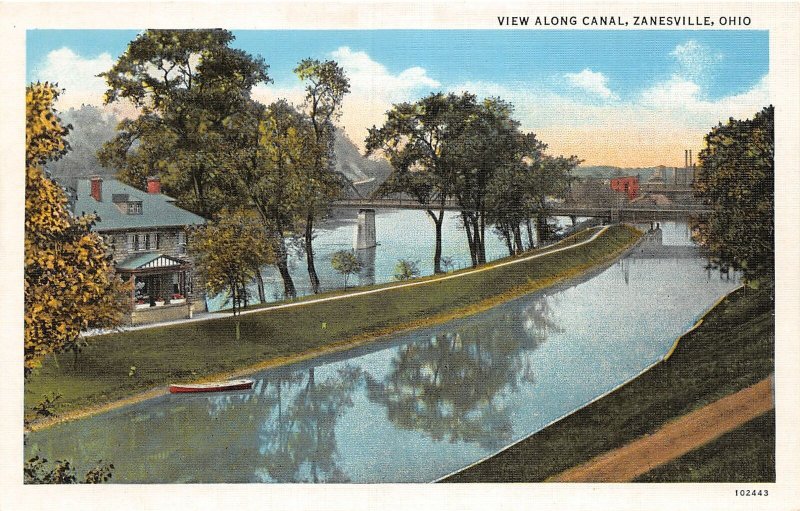 J28/ Zanesville Postcard c1920s View Along Canal Bridge Boat 183