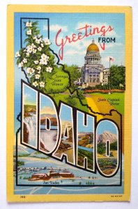 Greetings From Idaho Large Big Letter Postcard Linen Unused Curt Teich Vintage