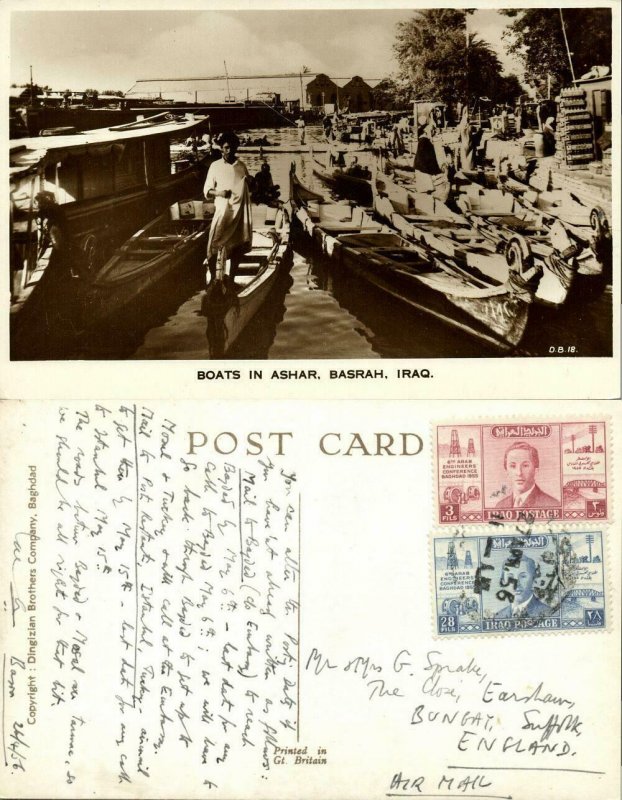 iraq, BASRA BASRAH ‏البصرة‎‎ , Ashar Creek, Boats (1956) RPPC Postcard